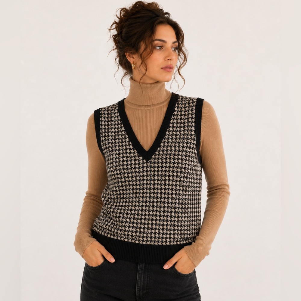 VINTAGE 🐏 Lambswool Elevated Sweater Vest Geometric Black and Cream